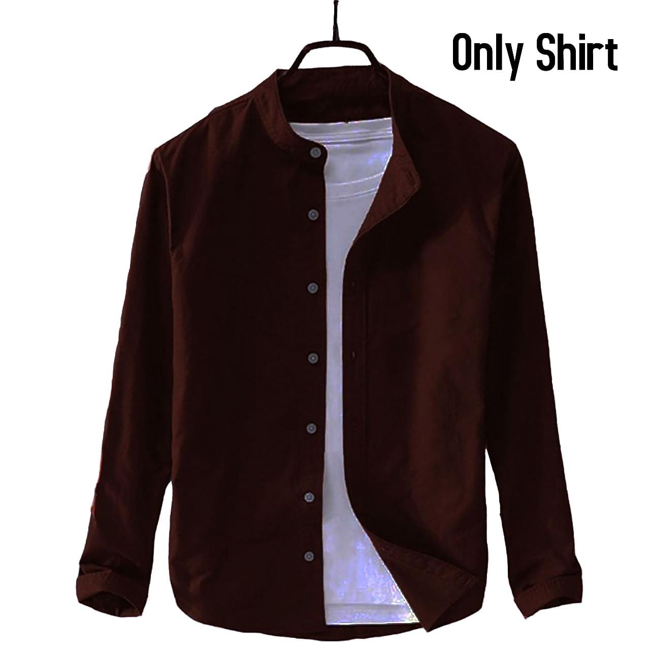 Men's Ban Collar Cotton Shirt- Coffee - Image 1