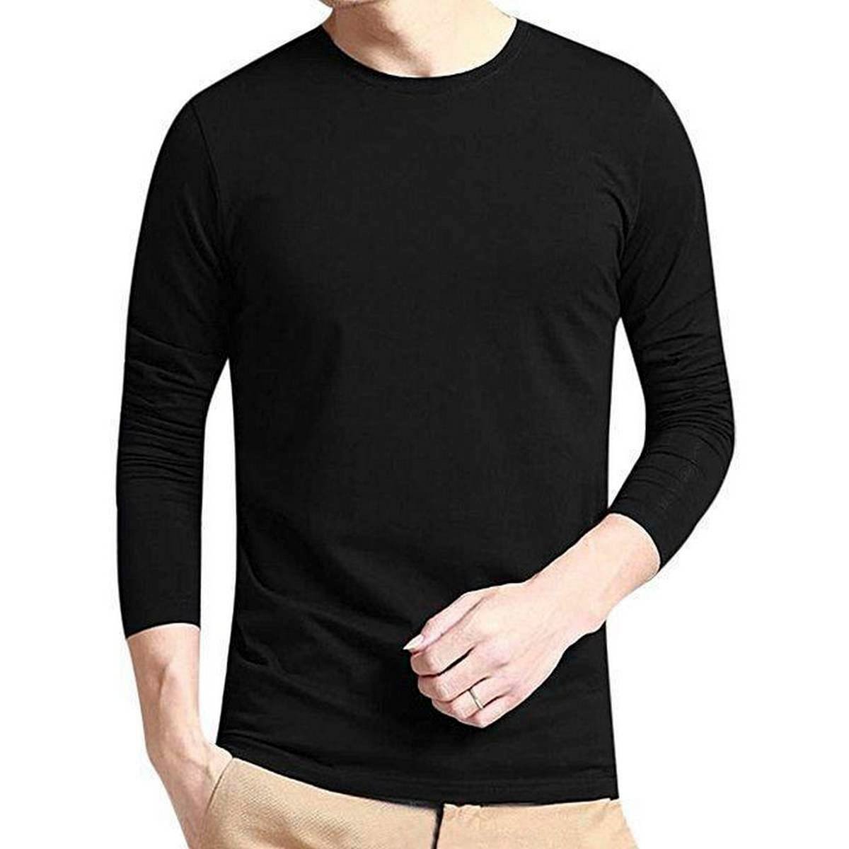 Men's Full Sleeve Solid T-Shirt- Black - Image 2