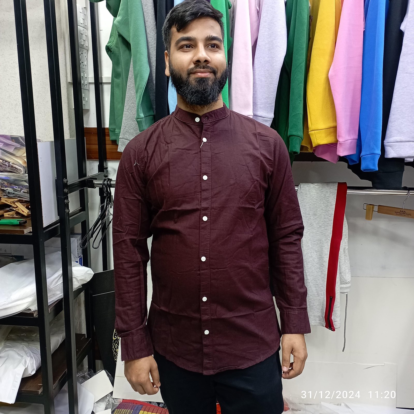 Men's Ban Collar Cotton Shirt- Coffee - Image 2